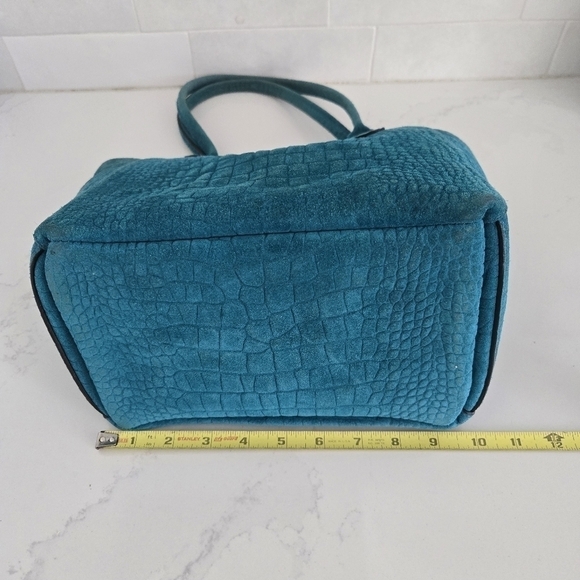 B.May Medium Pocket Tote Embossed Gator Suede Leather Teal Blue Shoulder Bag - Picture 5 of 9